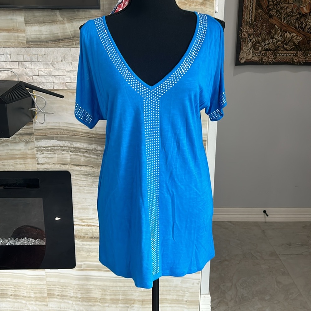 Inc New With Tags Blue Studded Cold Shoulder Top. Size M